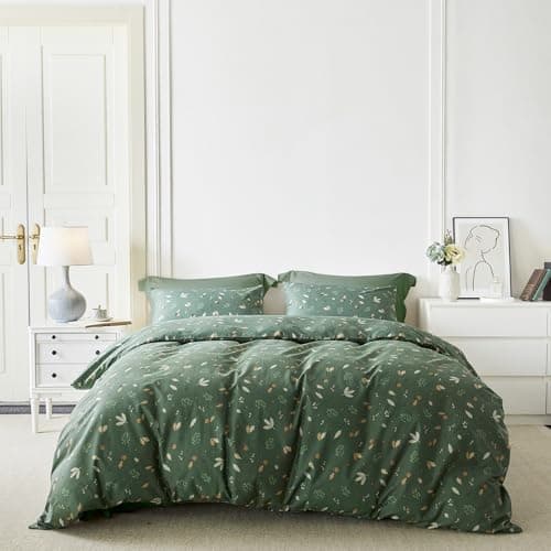 YuHeGuoJi Dark Green Botanical Duvet Cover King 100 Cotton 3 Pcs Set 1 Farmhouse Sage Plant Floral Duvet Cover with Zipper Ties 2 Pillowcases Farmhouse Beige Grey Acorn Leaves Bedding Set