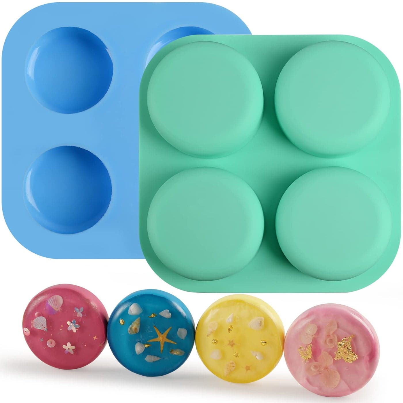 Sakolla 2 Pack 4 Cavity Round Silicone Soap Molds Cylinder Handmade Soap Molds for Soap Making Supplies DIY Bath Bombs Shower Steamer Lotion Bars Cake Baking Candle Tray
