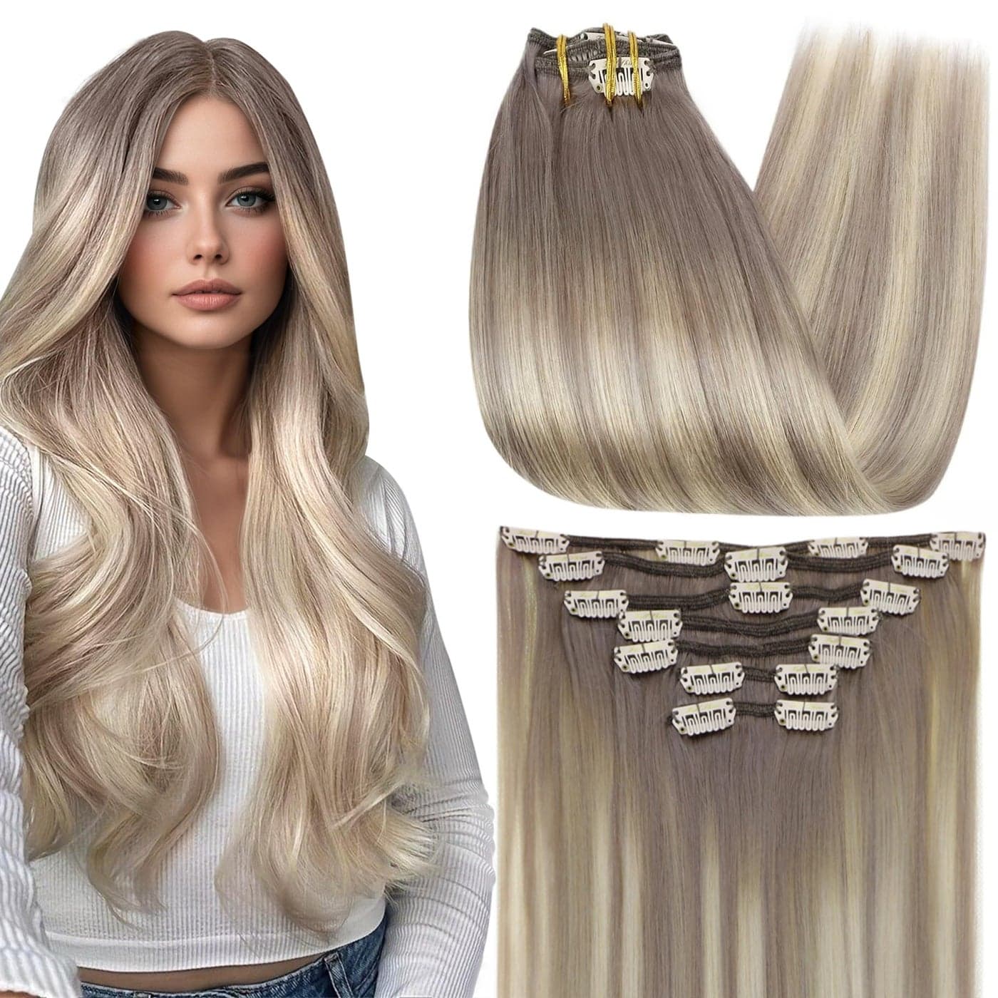 Full Shine Clip in Extensions Real Human Hair Grey to Blonde 20 Inch Balayage Grey Hair Extensions Real Human Hair Clip ins 7 Pcs 120 G