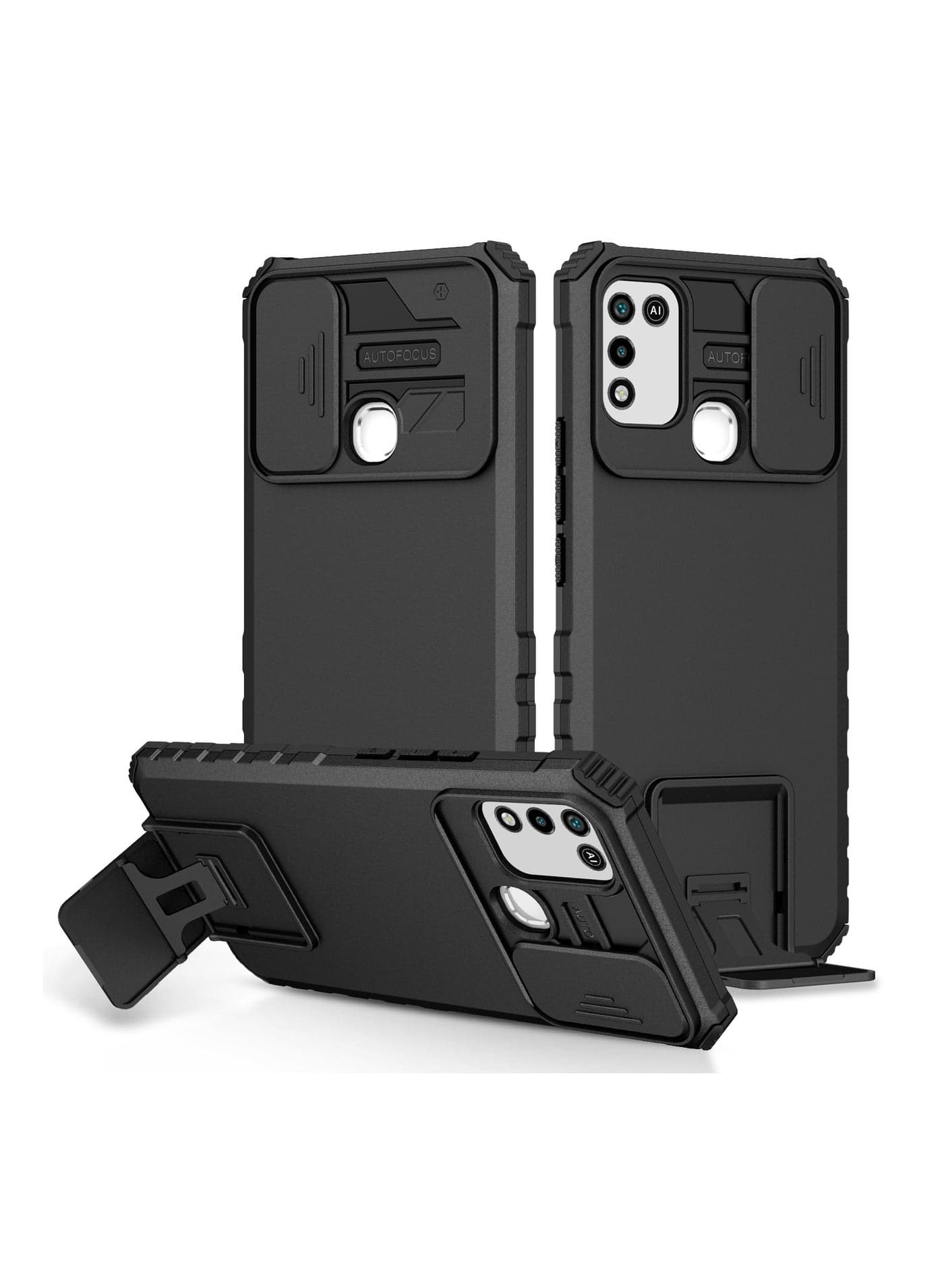 Infinix Hot 9 Play / Hot 10 Play / Hot 11 Play Black Mobile Phone Case Cover, Innovative Telescopic Bracket, Sliding Protection Camera Window, Bumper Shockproof Phone Back Cover