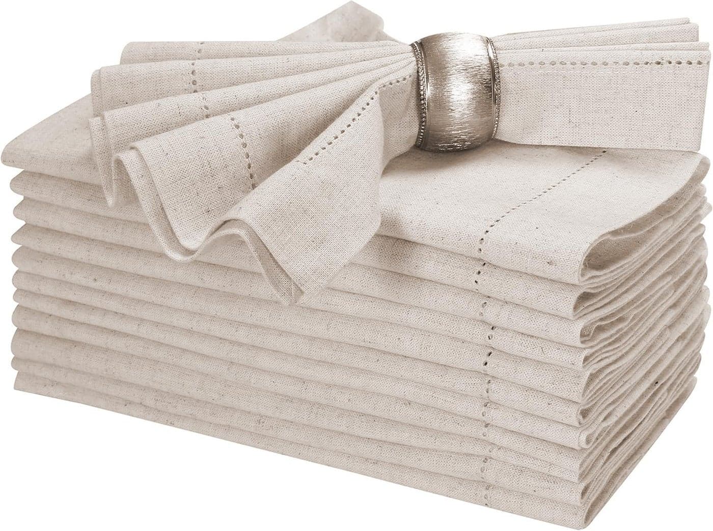 Bedding Craft Linen Flax Cotton Cloth Dinner Napkins Set of 12 18x18 Natural Fabric with Hemstitched Mitered Corners Machine Washable Wedding Cocktail Party Table Napkins