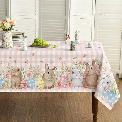 Horaldaily Easter Tablecloth 60×84 Inch Rectangular, Bunnies Pink Buffalo Plaid Spring Washable Table Cover for Party Picnic Dinner Decor
