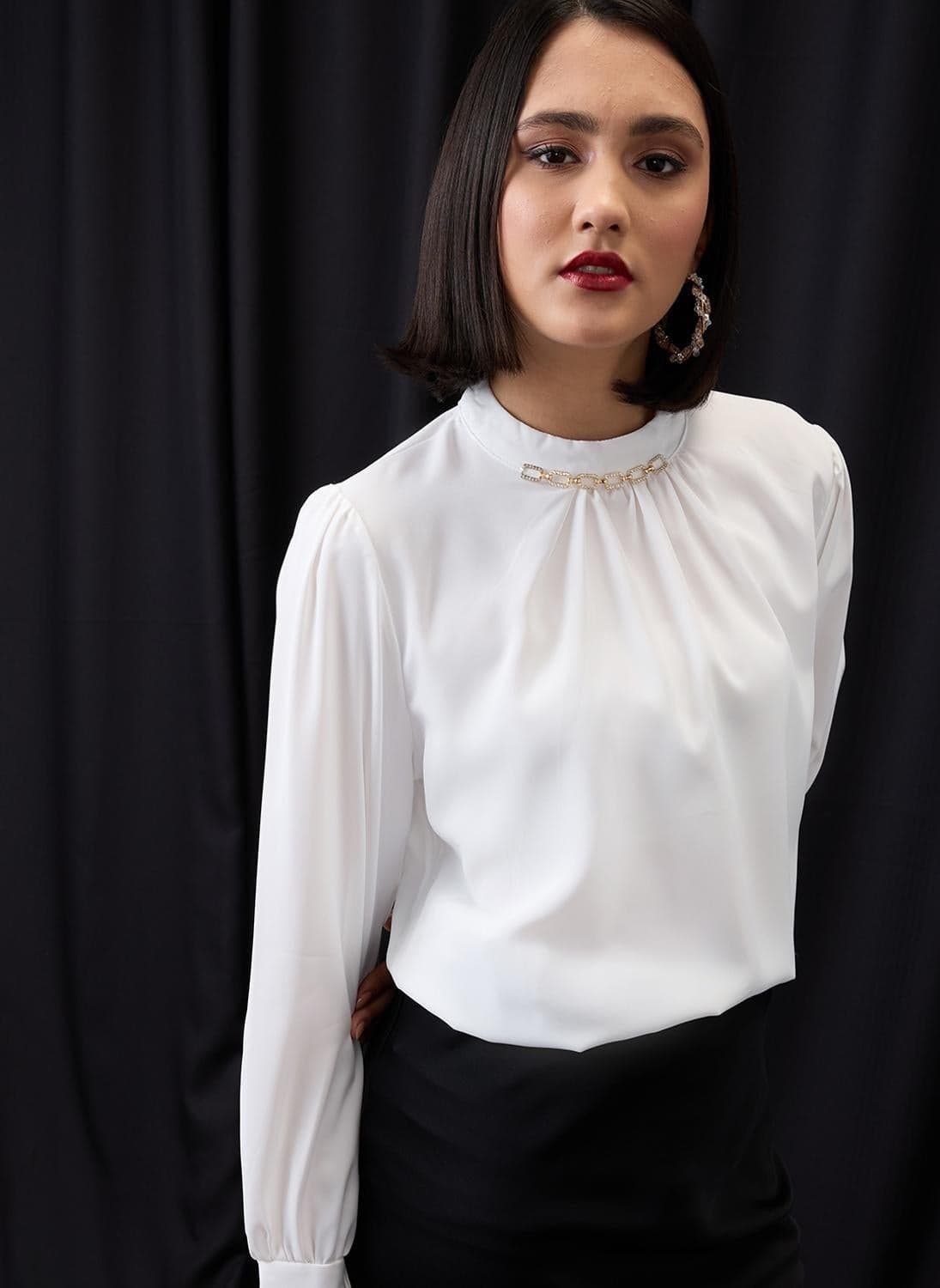 Globus Women White Formal Top with High Neck Cuffed Sleeves and Chain Detail