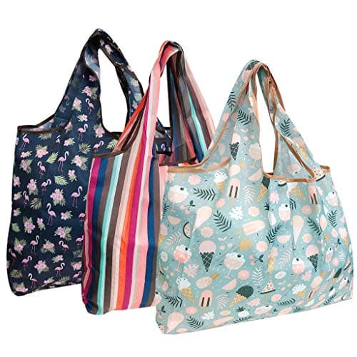 allydrew Large Foldable Tote Nylon Reusable Grocery Bag, 3 Pack, Summer Vacation