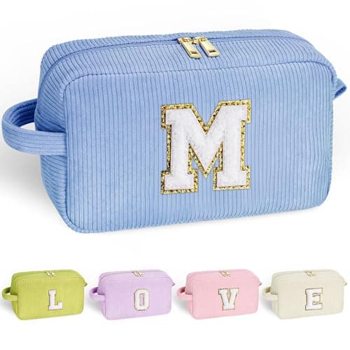 YOOLIFE Birthday Gifts for Women - Gifts for Mom Travel Makeup Bag Cute Blue Makeup Bag Make Up Bag Travel Toiletry Bag Girls Friend Birthday Gifts Bridesmaid Wedding Gift Ideas for Women Letter M