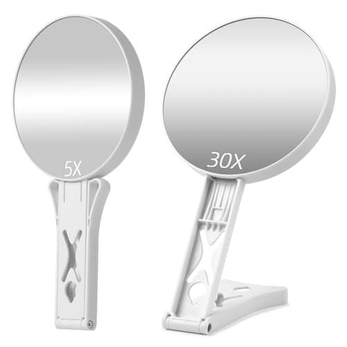 Magnifying Mirror 30X/5X Double Sided Hand Mirror,Precision Makeup at 30X Magnification & Overall View at 5X,Travel Handheld Magnified Makeup Mirror with Handle & Table Stand, Vanity Cosmetic Mirror