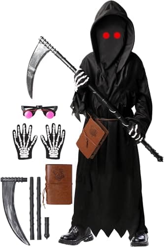 Oskiner Grim Reaper Costume for Kids Scary Halloween Costume for Boys with Glowing Red EyesScytheNotebookGloves M