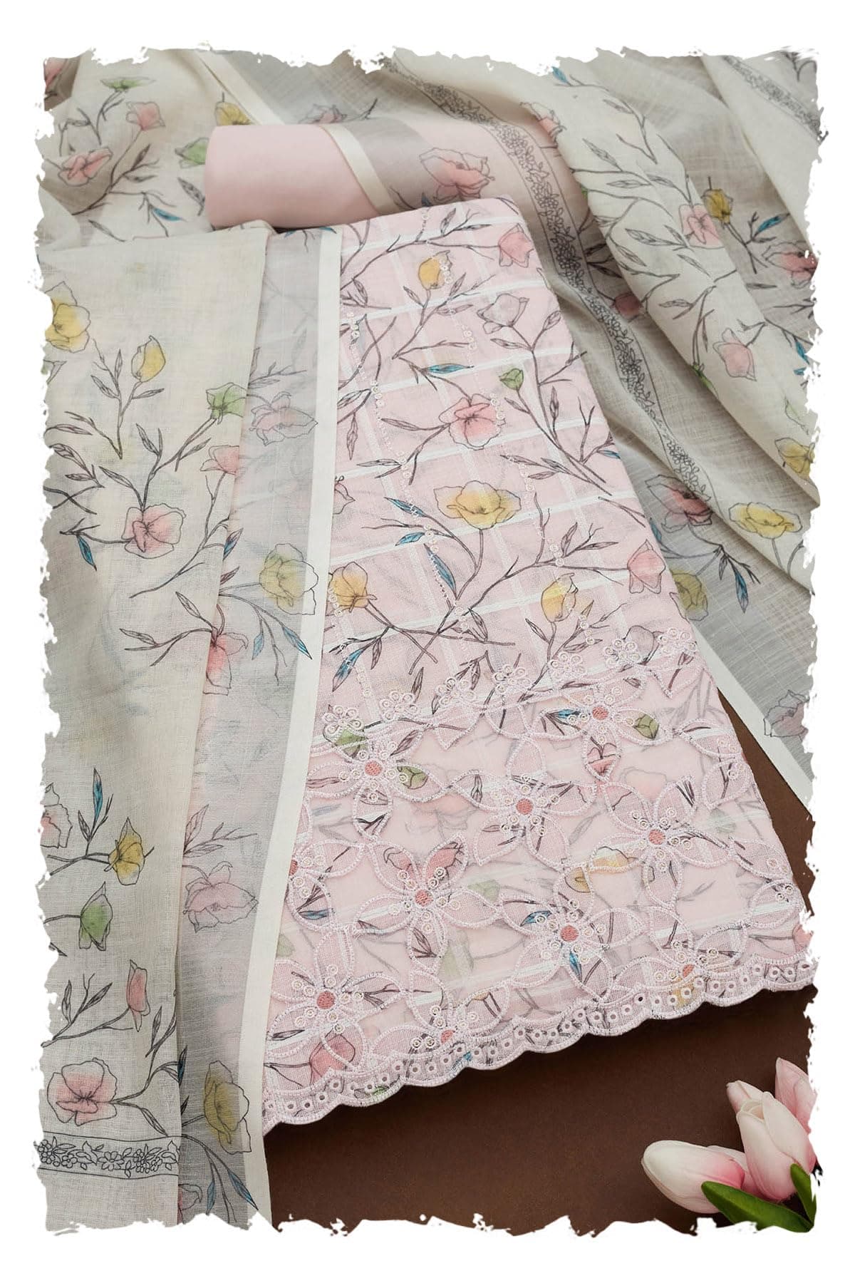 Soch Womens Pink Linen Floral Unstitch Dress Material With Thread Work