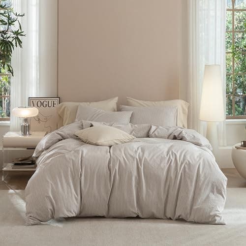 JIYUAN 100% Washed Cotton Striped Duvet Cover Set 3 Pieces Queen, 1 Duvet Cover and 2 Pillowcases(Comforter Not Included),Linen Like Bedding Set Comfy and Breathable,Pinstripes-Heathered Taupe White