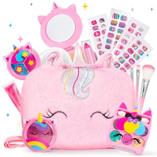 ULOVEME Kids Real Makeup Kit for Little Girls Real Non Toxic Washable Make Up Toy Umicorn Toys Gift for 3 4 5 6 7 8 9 10 12 Years Old Girls Birthday Pink Crossbody Bag