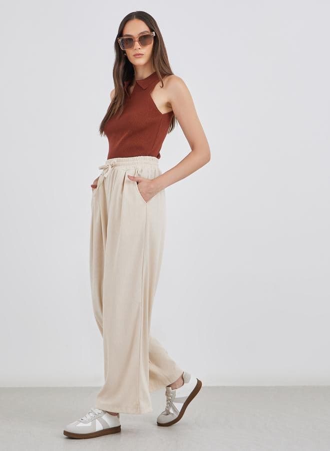 Styli Women Cream Corduroy Wide Leg Trousers — S