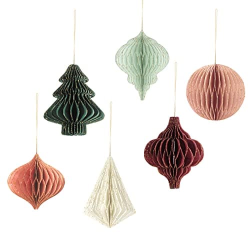 AOBKIAT Christmas Party Decorations, 6 PCS 3D Mini Glitter Edge Paper Honeycomb Ornaments, Green, Red Hanging Ornament for Christmas Tree Décor, New Years Party, Christmas Ornaments, Home Decor