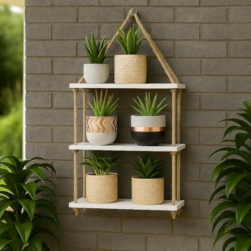 HomScape Wooden Rope Hanging Shelf – Boho Wall Decor, Indoor & Balcony Organizer, Sturdy Engineered Wood & Jute Rope Shelf for Plants, Books & Décor Wall Hanging (Without Pots)