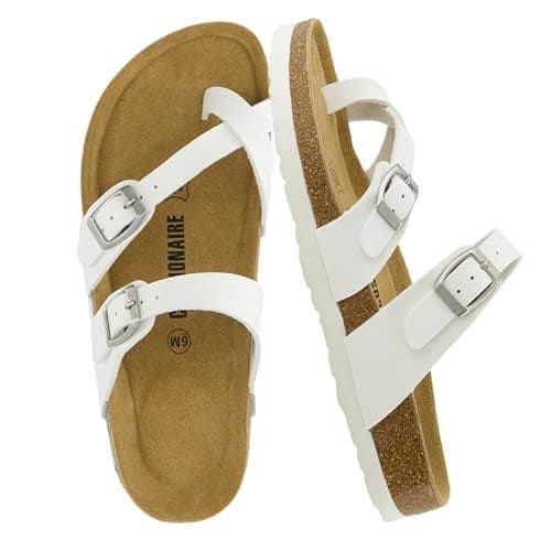 CUSHIONAIRE Luna Crossover Toe Strap Womens Sandals – Cork Footbed Slides with Adjustable Straps, Summer Sandals for Women 2025, WHITE 9W