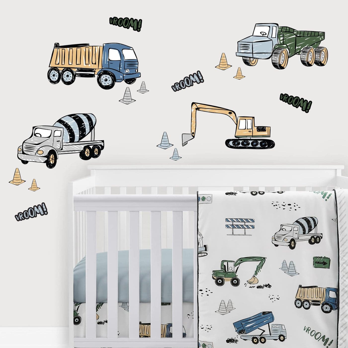 Sweet Jojo Designs Construction Truck Large Peel and Stick Wall Decal Stickers Art Nursery Decor Set of 4 Sheets Grey Yellow Black Blue and Green Transportation Zone Vehicles