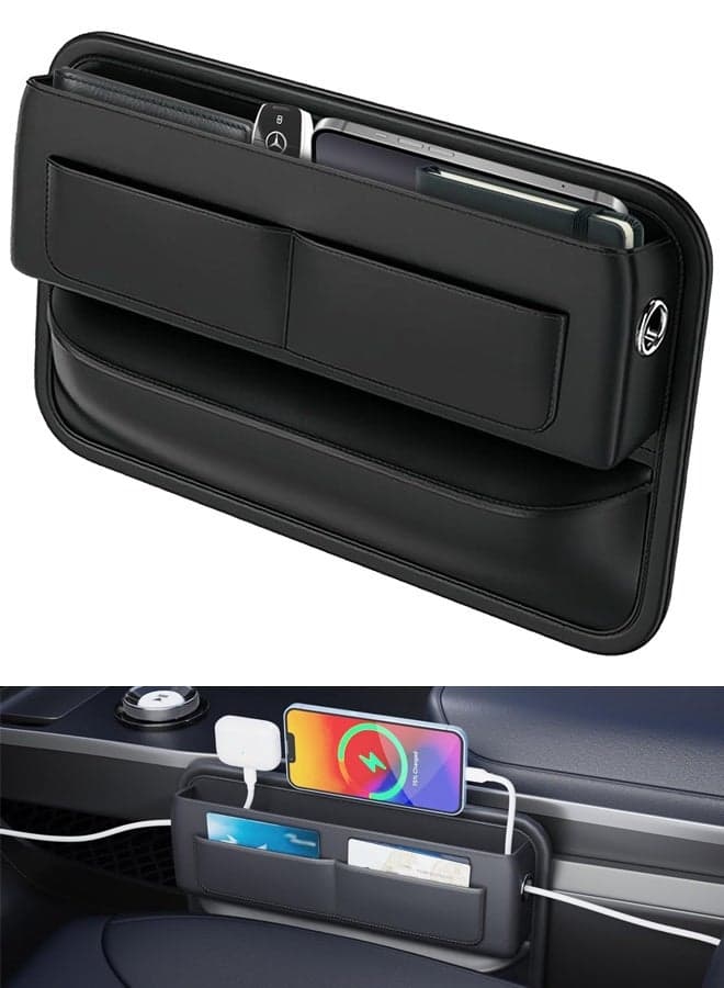 Universal Leather Car Seat Gap Filler Organizer – Side Pocket Storage Box for SUV & Truck, Essential Car Accessories, Center Console Organizer (Black)