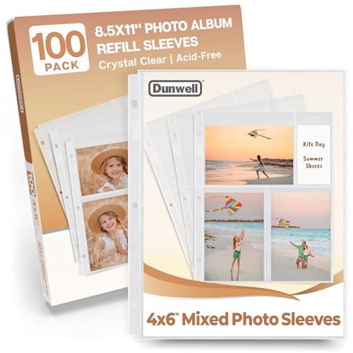 Dunwell Photo Sleeves for 3-Ring Binder, (4x6 Mixed Format, 100 Pack) for 600 Pictures, Each Photo Page Sheet Holds Six 4 x 6 Pictures or Postcards, Acid-Free Poly 4x6 Album Refill Pages