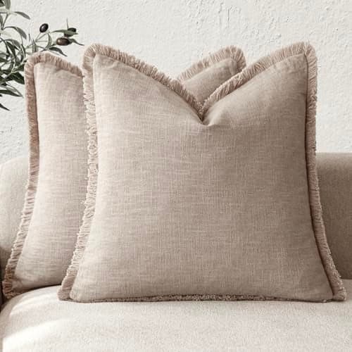 Foindtower Set of 2 Decorative Linen Fringe Throw Pillow Covers Farmhouse Cushion Cover with Tassels Soft Accent Pillowcase for Couch Chair Sofa Bed Living Room Home Decor,16×16 Inch,Natural Linen