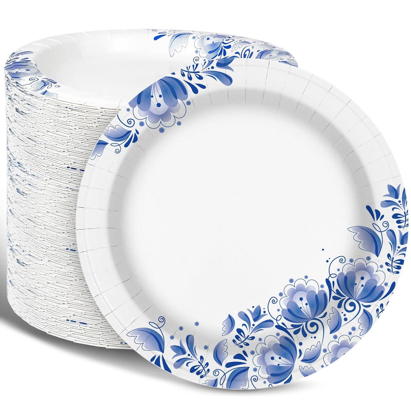 Charmount Blue Paper Plates Bulk 85 Inch 150pcs Soak Cut Proof Flower Printed for Parties Daily Use
