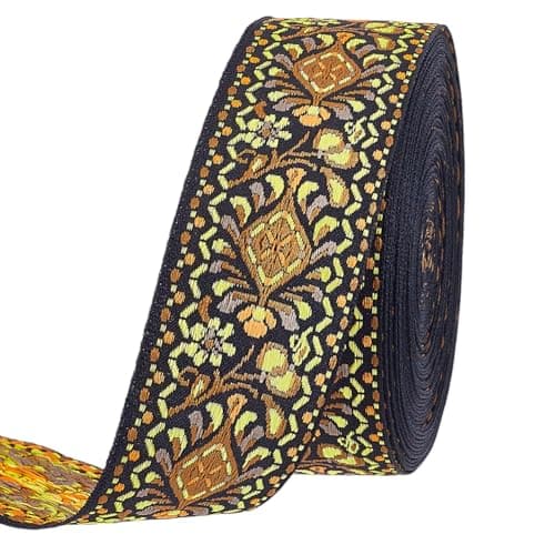 PH PandaHall 10 Yards Floral Embroidered Ribbon 157 Inch Wide Boho Jacquard Fabric Trim Ethnic Style Floral Ribbon for DIY Sewing Handmade Bag Strap Clothing Furniture Decoration Goldenrod