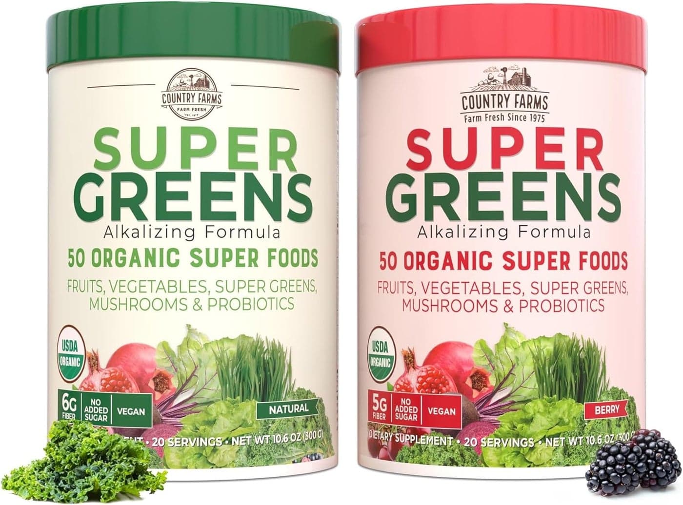 COUNTRY FARMS Super Greens Power Pack 50 Organic Super Foods Greens Powder with Probiotics for Gut Health Bloating Relief Supports Energy Unflavored Berry 40 Serving