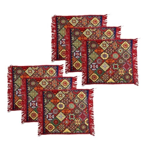 Kuber Industries Pack of 6 Velvet Finish Square Pooja Mat for Sitting On Floor | Traditional Rangoli Print Aasan Puja Cloth for Home Mandir | Suitable for Prayer & Meditation | Red Rangoli
