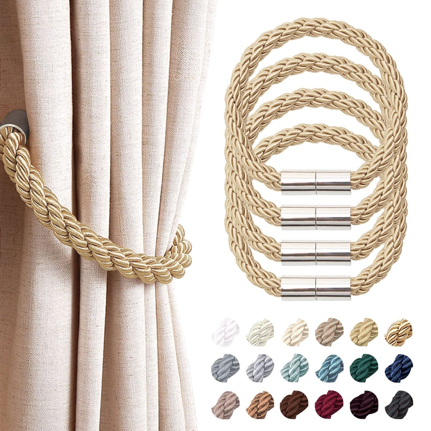 NICEEC 4 Pack Strong Magnetic Curtain Tiebacks Modern Simple Style Drape Tie Backs Convenient Decorative Weave Rope Curtain Holdbacks for Thin or Thick Home Office Window Draperies Bronze