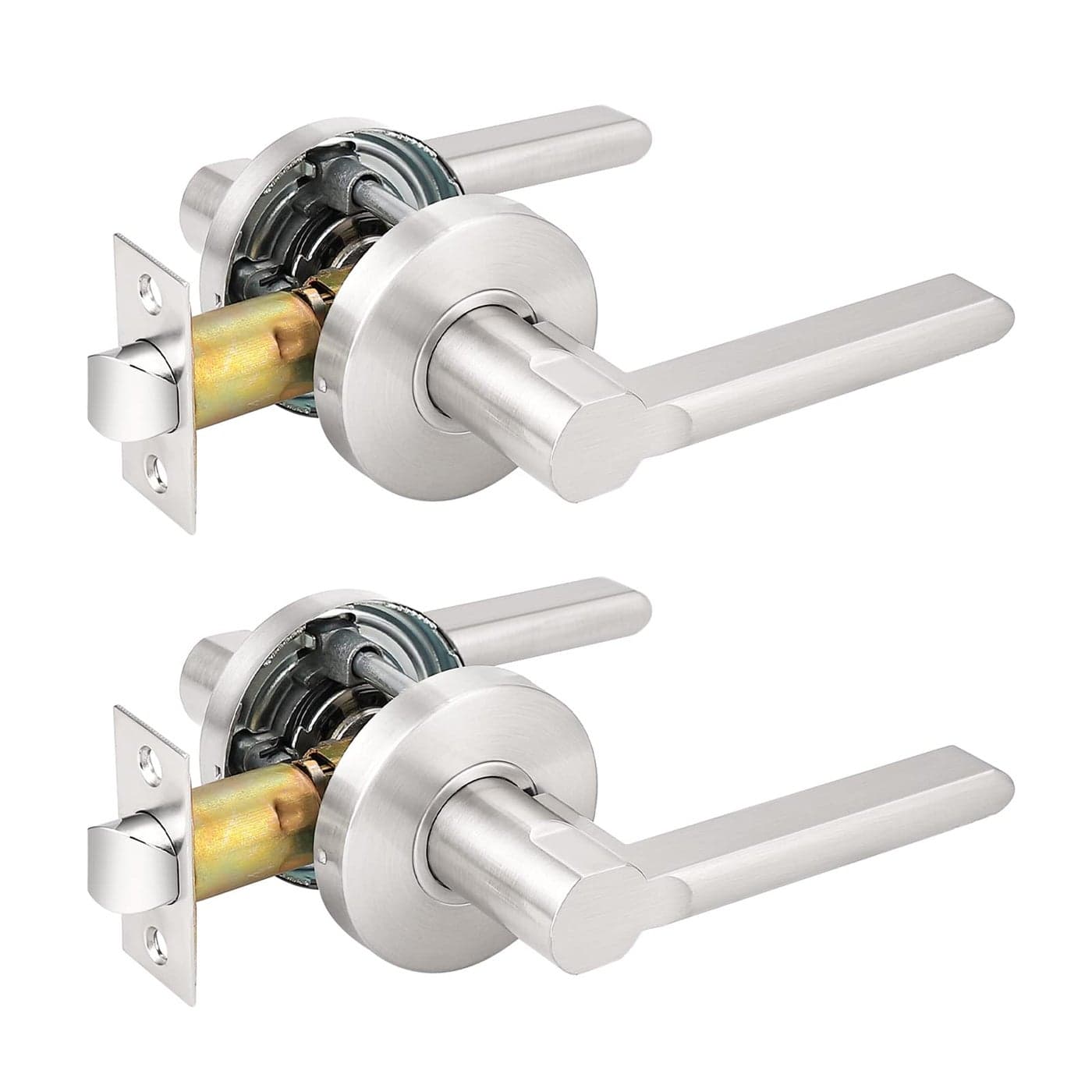 Probrico Modern Stain Nickel Keyless Passage Door Levers Interior Locks for Hall or Closet Flat Door Handles NonLocking Lever Set Reversible for Right Left Side 2 Pack