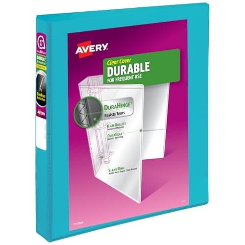 Avery Durable View 3 Ring Binder, 1 Inch Slant Rings, 250-Sheet Capacity, DuraHinge, 1.4 Inch Wide Spine, Customizable Clear Covers and Spine, 1 Bright Aqua Blue Binder (17295)