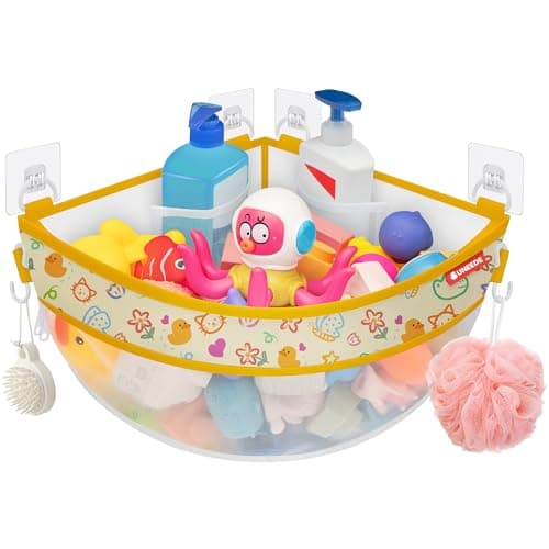 UNEEDE 432 Gallons Duck Print Corner Mounted Bath Toy Storage Holder Yellow Mesh Shower Caddy for Bathtub Organizer Quick Dry Holder