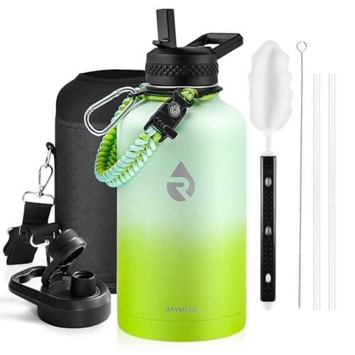 RAYMYLO Insulated Water Bottle 64 oz, Triple Wall Vacuum Stainless Steel (Cold for 48 Hrs), Leak Proof & Non-BPA, Half Gallon Water Flask Jug with Paracord Handle & Straw Spout Lids