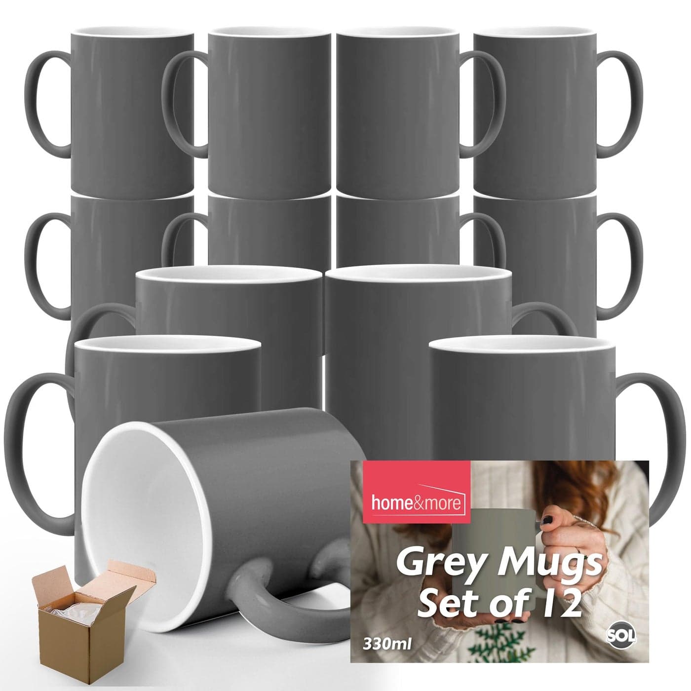 SOL Grey Mugs Set of 12 330ml Coffee and Tea Cups Durable Ceramic Drinkware for Hot Beverages Latte Cappuccino Office Home Caf Dishwasher Microwave Safe