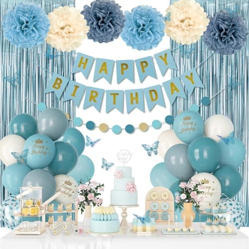 Blue Birthday Decorations Dusty Blue Sand Confetti Metallic Printed Balloons Butterfly Stickers Fringe Curtain Happy Birthday Banner Circle Dots Paper Pompoms Boys Men Girls Women Party Supplies