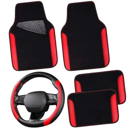 CAR PASS Faux Leather Steering Wheel Cover and Waterproof Car Floor MatsUniversal Car Combo Fit for 95 SedanSUVCars14515inch Sporty AntiSlip Safety Comfortable DesignBlackRed