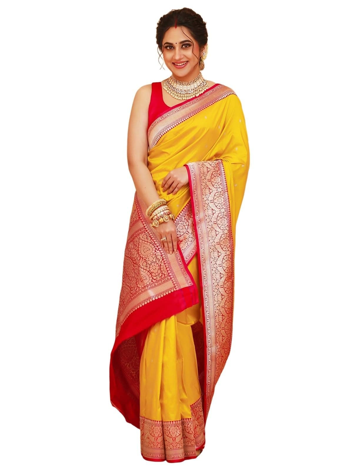 Satrani Women's Silk Weaving Kanjivaram Saree with Unstitched Blouse Piece (4181S111N_Yellow & Red)