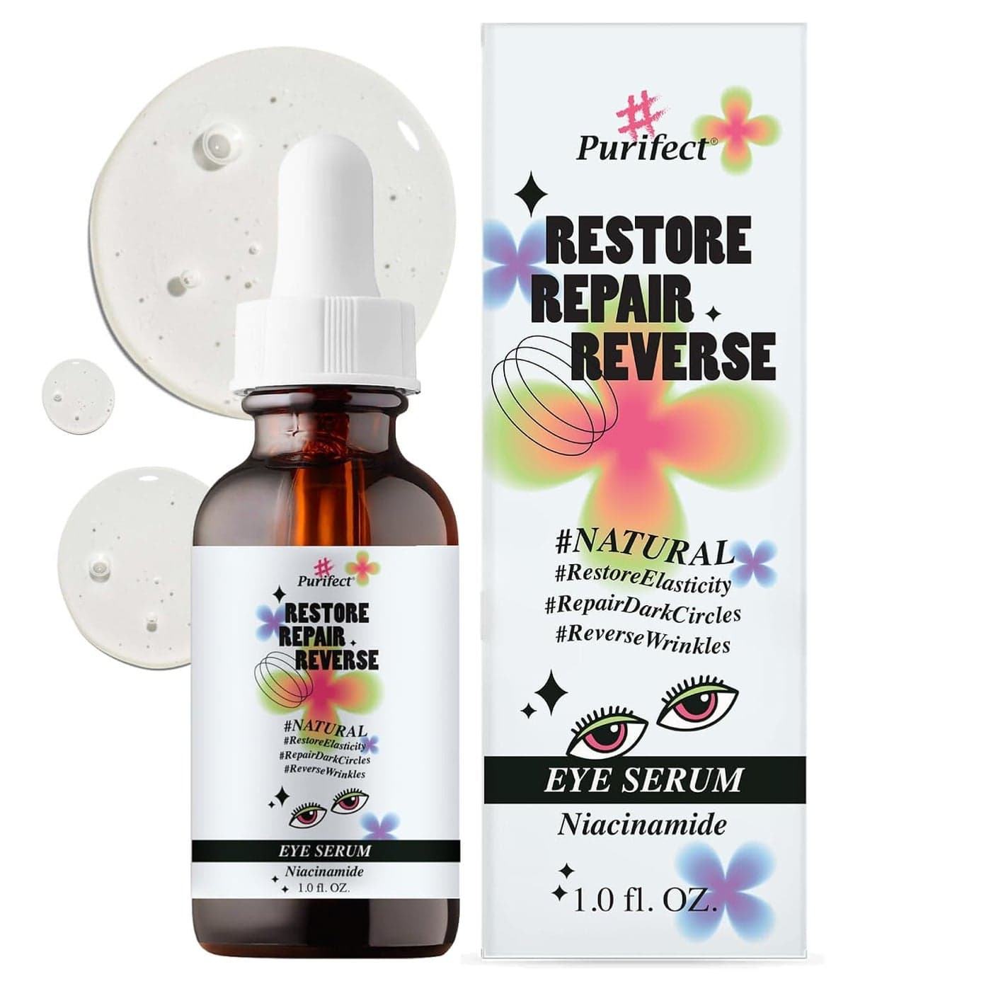 Made in USA Natural Peptide Retinol Niacinamide Eye Serum Anti Aging Brightening Firming Under Eye Care Nongreasy Formula 1oz30ml Purifect RestoreRepairReverse Niacinamide Eye Serum