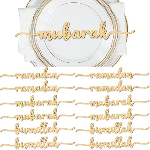 Queekay 12 Pieces Ramadan Wood Sign Ramadan Mubarak Plate Setting Plate Sign Kareem Wooden Ornament Islamic Table Decor for Eid Mubarak Islamic Home Party Decor(Classic Style)