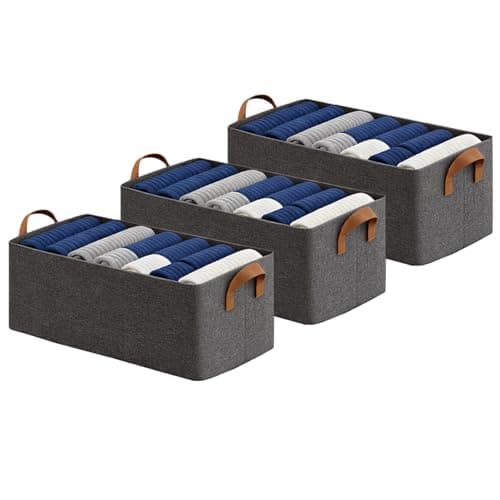 DALUCI 3 Pcs Wardrobe Organizer for Clothes – Foldable Fabric Storage Box with Metal Frame | Storage Basket for Almirah, Cupboard, Jeans & Sweaters (Grey)