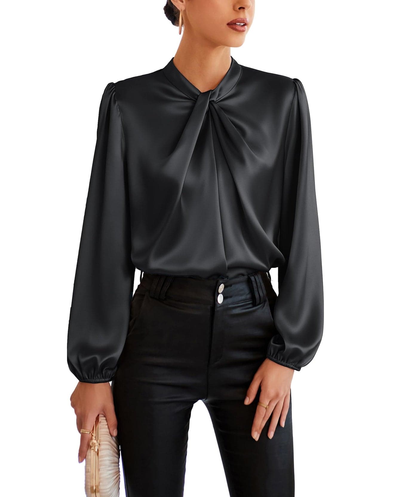Women's Solid Wear to Work Blouse Mock Neck Lantern Long Sleeve Shirt Twist Front Top 2023 Trendy Black,S