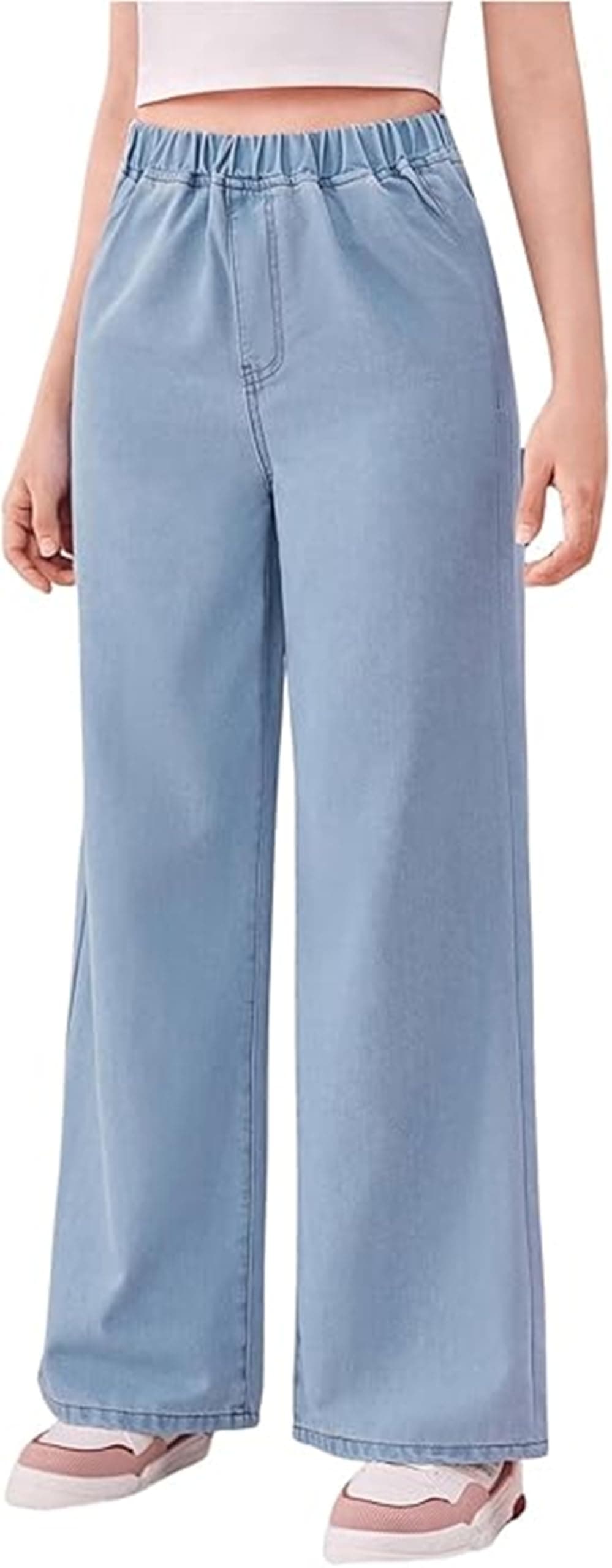 ADBUCKS Girl's Stretch Denim Wide Leg Jeans Comfort Fit with Elastic Waistband, Straight Cut, Casual Style for All Seasons, Versatile Clothing (in, Age, 8 Years, 9 Years, Icyblue)
