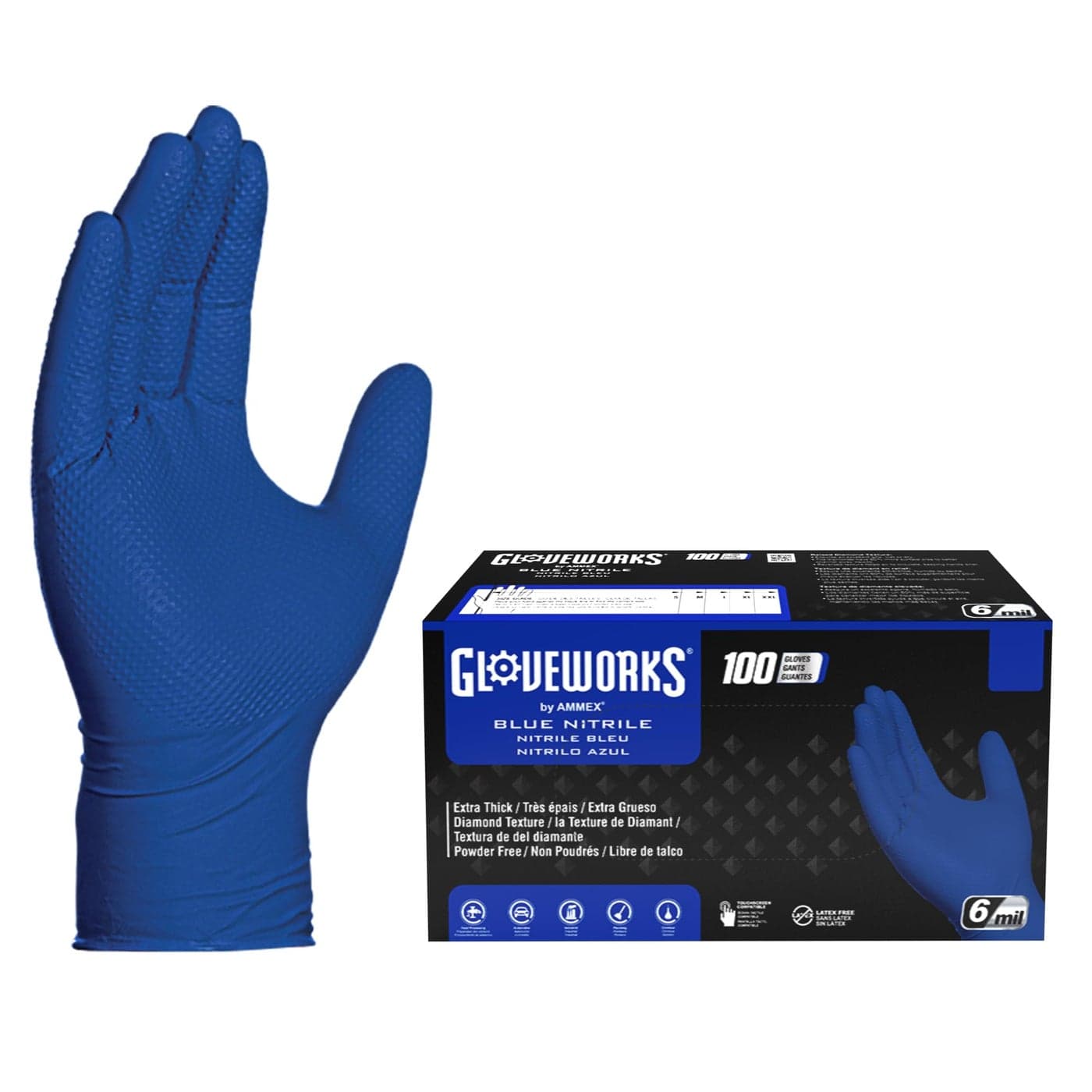 GLOVEWORKS HD Royal Blue Nitrile Industrial Disposable Gloves 6 Mil LatexFree Raised Diamond Texture Medium Box of 100