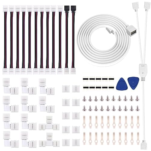 iCreating 5050 4Pin LED Strip Connector Kit 10mm RGB 4 Pin LED Connector Accessories Kit Include L LED Connectors for Strip Lights, 4-pin LED Light Strip Connectors with Wire, LED Extension Cable