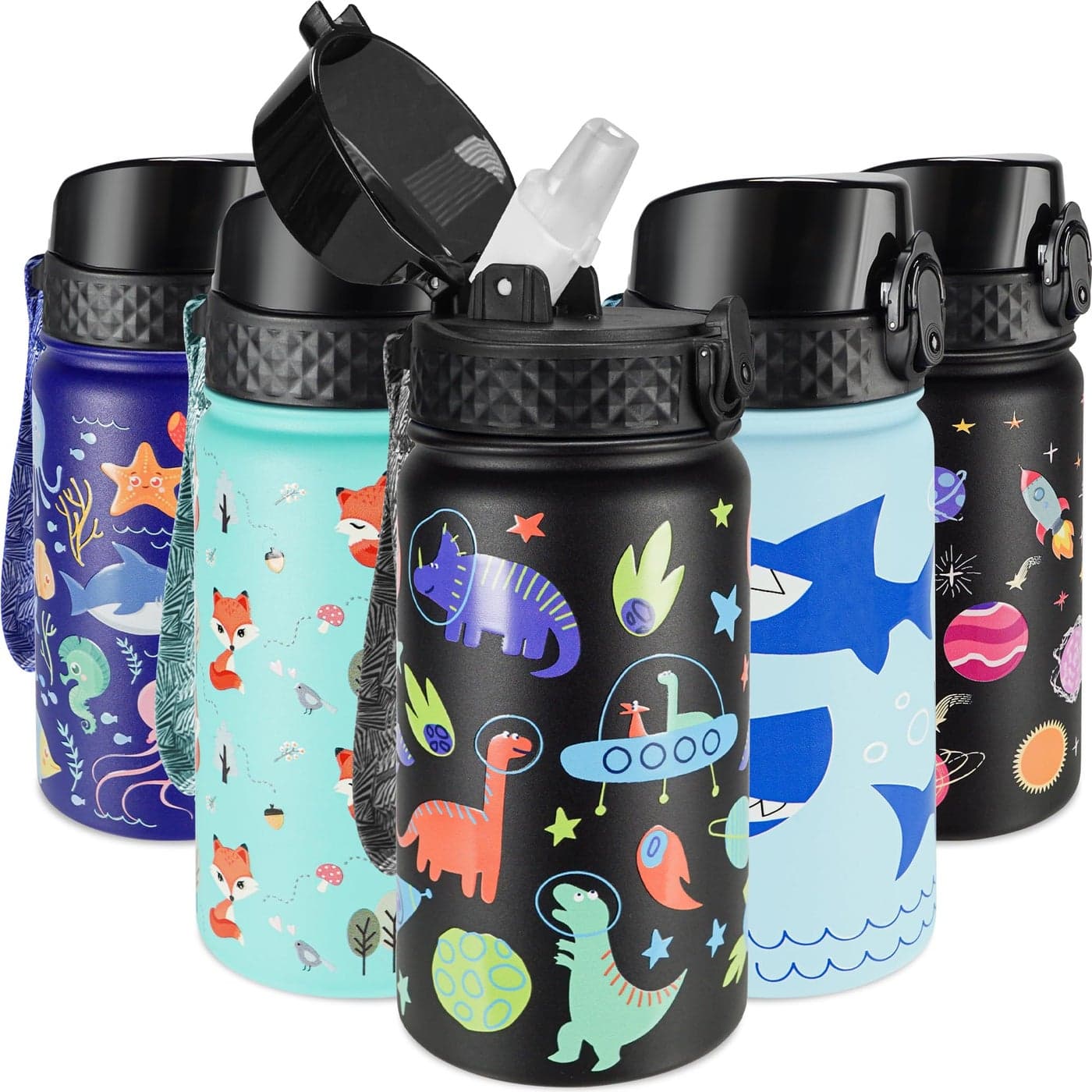 GOPPUS Kids Water Bottle (Straw Lid) - 14 Oz Stainless Steel Travel Bottle, Double Wall Vacuum Leak Proof Kids Cup for School Boys Girls,Space dinosaur