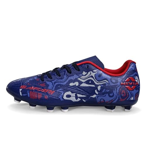 Nivia Safari Football Stud for Men, PU Synthetic Leather Upper, TPU Sole, Die-Cut EVA Sockliner, Ideal for Hard & Grassy Surfaces (Navy Blue/Red) Size-UK03