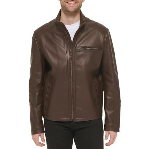 Cole Haan Mens Smooth Lamb Leather Moto Jacket Java Large