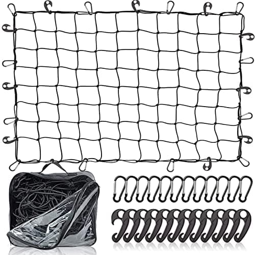 ZUOZE Natural Latex Core Cargo Net for Car SUV Roof Rack | 3'x4' Stretches to 6'x8' Small Bungee Net for Pickup Bed | 12 Carabiners + 12 Hooks | Tight 4”x4” Mesh for Ford, Dodge, Chevy, Toyota