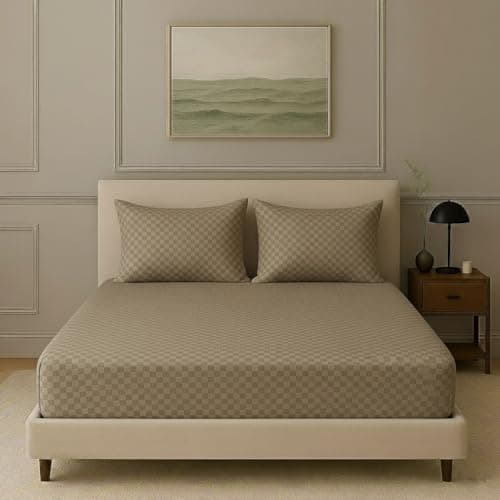 Trance Home Linen 300TC Premium Jacquard Weave Fitted Bedsheet for King Size Bed with 2 Pillow Cover - 100% Cotton, Skin Friendly (78 x 72 Inches | Mocha)