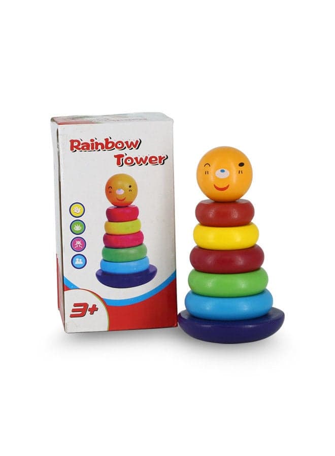 Rainbow Tower Tumbler Wood Ring Educational Toys Early Learning Children Stacking Circles 0-1-3 Years Development Intelligence Exercise Hand-eye Coordination Recognition Colors kids Toy