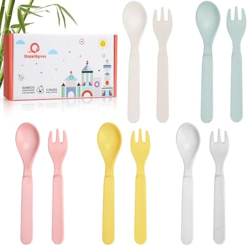 Shopwithgreen Bamboo Toddler Utensils Set, Baby Kids Toddler Spoons and Forks Set, BPA Free Reusable Cutlery Set| Dishwasher Safe, Child and Baby Self Feeding for Dinner, Dessert, Soup,10 Pack
