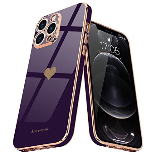 Teageo Compatible with iPhone 12 Pro Case for Girl Women Cute Love-Heart Luxury Plating Soft Back Cover Raised Camera Protection Bumper Silicone Shockproof Phone Case for iPhone 12 Pro, Dark Purple